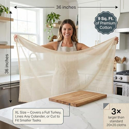 Urban Villa Grade 100 XL Cotton Cheese Cloth 36x36 Inch, Reusable with Finished Edges 100% Unbleached Cotton Cheese Cloth Fine Mesh Butter Muslin Cloth for Straining, Cheese Making, Cooking & Baking - color: Natural Beige, size: 36 x 36 inches / 1 piece