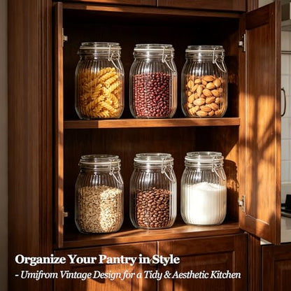 ComSaf Ribbed Glass Pantry Jars with Airtight Lids 34 oz 3 Pack Coffee | Flour sugar coffee beans, Fermenting pickling, Farmhouse pantry decor, Kitchen storage, Dry food storage, Sourdough starter - size: 37oz*3-Ribbed