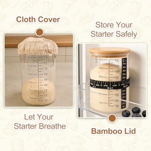 PFUM Sourdough Starter Jar Kit- 34oz Sourdough Starter Jar with Marked Feeding Band, Thermometer, Cloth Cover & Wooden Lid for Sourdough Baking Supplies, Glass Container Wide Mouth Glass Jar