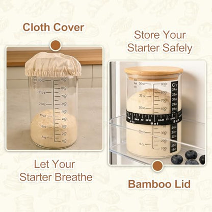 PFUM Sourdough Starter Jar Kit- 34oz Sourdough Starter Jar with Marked Feeding Band, Thermometer, Cloth Cover & Wooden Lid for Sourdough Baking Supplies, Glass Container Wide Mouth Glass Jar