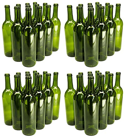 North Mountain Supply 750ml Glass Bordeaux Wine Bottle Flat-Bottomed Cork Finish - 48 Bottles (4 Cases of 12) - Champagne Green