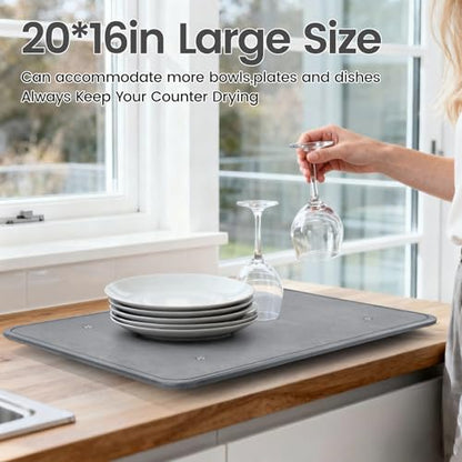 Large Stone Dish Drying Mats for Kitchen Counter,20"(L)×16"(W) Diatomaceous Earth Stone Mat With 4pc silver metal feet,Super Absorbent Fast Drying,Non-Slip Multi-purpose Kitchen Mat
