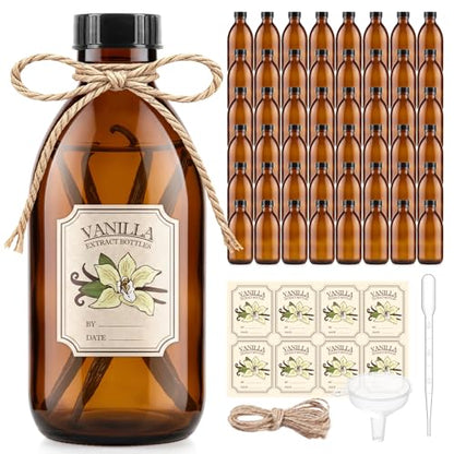 48 Pack 8oz Amber Glass Bottles, Vanilla Extract Bottles | Boston Round Syrup Bottles with Caps and Labels for Elderberry, Liquid Supplements, Extracts & Tinctures Airtight Apothecary - size: 48 Pack