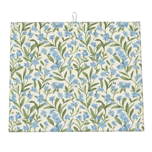 Blue Flowers Botanical Dish Drying Mats for Kitchen Counter, Super Absorbent Microfiber Drainer Pad, Washable Reversible Appliance Protector, Everyday Kitchen Must-Have, 16x18 Inch - color: Blue Flowers Botanical