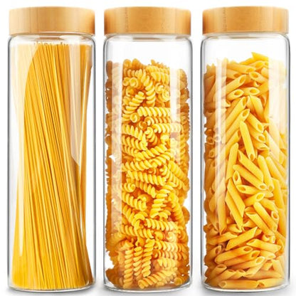 Glass Canisters With Airtight Bamboo Lids - 3 Pack 80oz Cereal Containers, Cookie Jars, Pasta Storage - Screw On Kitchen Jars - size: 3 jars: 80oz each