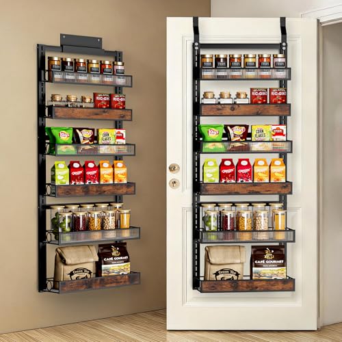 6 Tier Pantry Door Organizer Spice Rack, 2-IN-1 Wall Mount or Hanging Over Door Seasoning Organizer with Adjustable Baskets, Heavy Duty Behind Door Storage Shelves for Pantry, Cabinet and Kitchen - color: Black, size: 6 Tiers