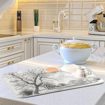 Bare Trees Gray Dish Drying Mat for Kitchen Counter Super Absorbent Draining Mat with Non-slip Backed Sink Tray Mat for Dish Bottles Cups Bowl Countertops Sinks Draining Racks