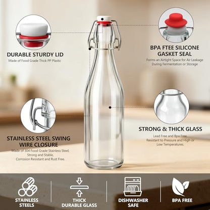 Ruckae 8 Pack 16oz Swing Top Glass Bottles with Air Tight Lids Kombucha Coquito Flip Top Glass Bottle Kefir Syrup Vanilla Extract Beer Brewing Bottles for Gift (16 oz 8 pack) - size: 16 oz 8 pack