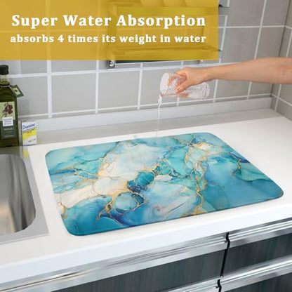 Marble Print Dish Drying Mat for Kitchen Counter,Blue Teal Turquoise Gold Drying Mat 18 x 24 Inch with Absorbent Reversible Microfiber Drying Pad for Coffee Bar - size: 18" x 24"