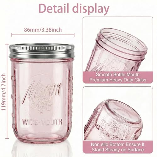 WELLIFE 6-Pack Mason Jars 16 oz with Lids – Wide Mouth Glass mason jars, Airtight Leak-Proof canning jars 16 oz for Food Storage, Fermenting, Pickling, Freezing, and Crafts - color: Pink Mason Jars 16oz-6Pcs