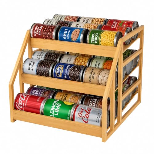 MinBoo 3-Tier Bamboo Can Organizer for Pantry - Holds 36 Cans (9/12/15) - Stackable Canned Food Dispenser with Adjustable Dividers - Gravity-Fed Rolling Storage Rack for Kitchen Cabinets