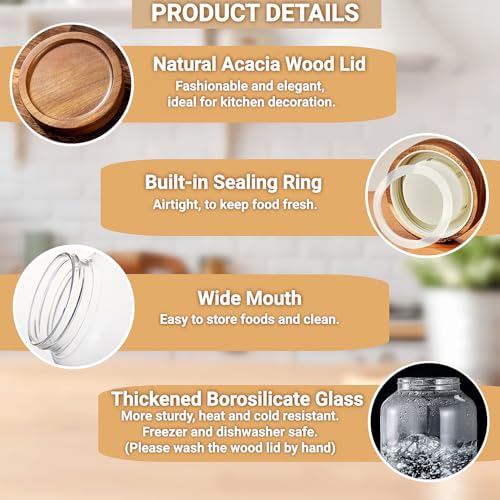 50 Fl oz/1500 ml Clear Glass Jar with Airtight Wooden Screw on Lid, Glass Pantry Canister for 500g Coffee Beans, Kitchen Food Storage Containers for Rice,Flour,Pasta,Sugar,Honey,Tea, Spice,Cereal - size: 1*1500ml