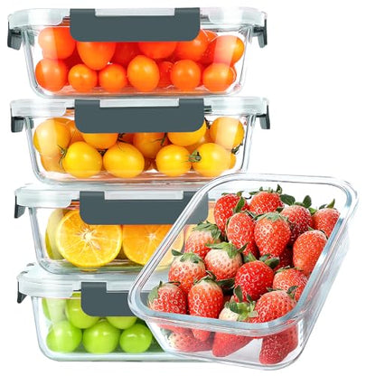 KOMUEE 30 oz 5 Pack Glass Meal Prep Containers, Glass Storage Containers with Lids - Dishwahser, Microwave, Oven and Freezer Safe - color: Gray