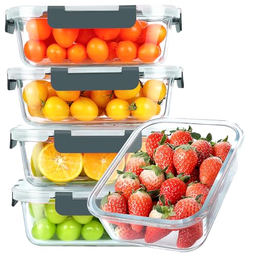 KOMUEE 30 oz 5 Pack Glass Meal Prep Containers, Glass Storage Containers with Lids - Dishwahser, Microwave, Oven and Freezer Safe - color: Gray