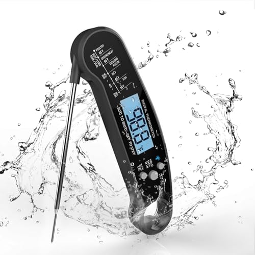 Instant Read Meat Thermometer Digital, Waterproof Food Thermometer with Magnet, Fast and Accurate, Backlight Calibration for Cooking, Grilling, BBQ, Baking, Smoker, Candy Making, Black