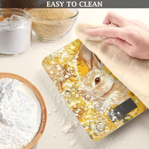 Yellow Sunflowers Bunny Food Scale Kitchen Digital Scale Food Ounces and Grams Dieting Baking Cooking Waterproof Glass Panels LCD Display,4 Units Tare Function - color: Yellow Rabbit Sunflower