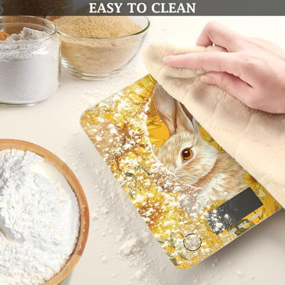 Yellow Sunflowers Bunny Food Scale Kitchen Digital Scale Food Ounces and Grams Dieting Baking Cooking Waterproof Glass Panels LCD Display,4 Units Tare Function - color: Yellow Rabbit Sunflower