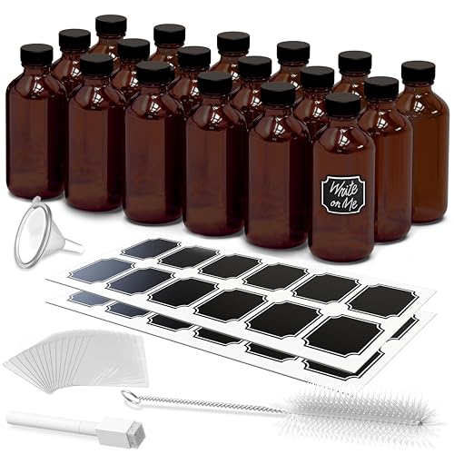 Nevlers Leak-Proof Small 8 Oz Amber Glass Bottles with Lids 18 Pack | Glass Bottles with Airtight Lid , Shrink Wrap, Funnel, Marker, Brush & More| Amber Bottle Jars for Vanilla Extract Making Kit - color: Amber