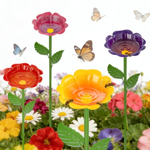 Mellbree Bee Watering Station, 4-Pack Metal Flower Bee Bath for Garden – Butterflies & Pollinators – Colorful Outdoor Gardening Stakes for Yard, Patio, Butterfly Garden, Gardening Essentials, 4 - color: 4-pack(yellow, Purple, Pink, Prange), size: Geranium