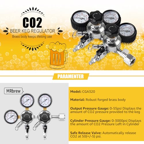 MRbrew CO2 Regulator Dual Output CGA-320 Keg Regulator Draft Beer Regulator | Quick Disconnect Threaded End Fitting with 2 Swivel Nut Barb-1/4’’ Barb & 5/16’’ Barb, CO2 Tank Pressure Regulator
