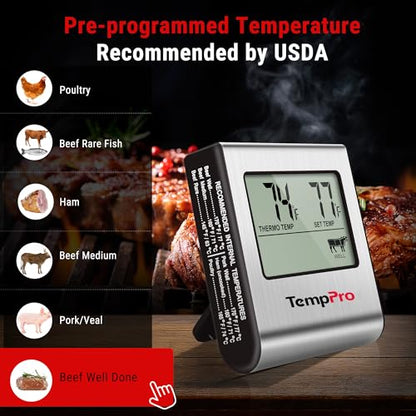 TempPro TP16 Large LCD Digital Meat Thermometer for Smoker Oven Kitchen BBQ Grill Thermometer Clock Timer with Stainless Steel Temperature Probe, Cooking Gifts for Father&Husband(Previously ThermoPro) - color: Light Silver