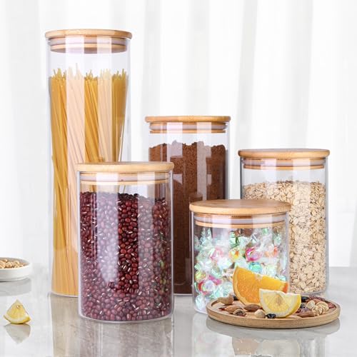 Glass Food Storage Jars, Food Containers with Airtight Bamboo Lids for Pasta, Cookies, Nuts, Coffee Beans, Cereal, Glass Canisters for Kitchen, Pantry Organization,Set of 5 - size: 77oz&37oz*2&50oz&25oz-Set of 5
