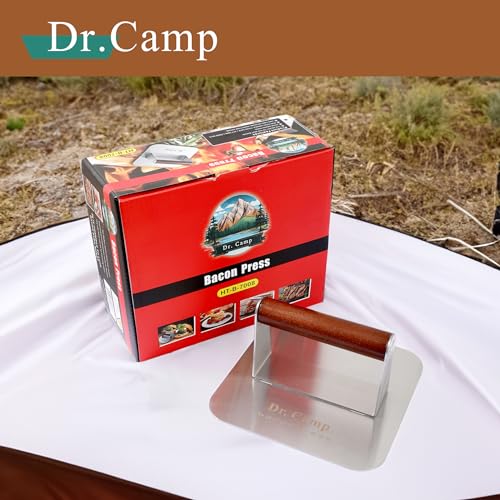Dr.Camp 7 Inch Stainless Steel Burger Press with Real Wood Handle Heavy Duty Bacon Press Grill Press for Griddle Flat Top Smash Burger Press Hamburger Smasher Meat Press (Square) - style: Square