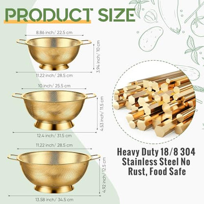 Bokon 3 Pcs Stainless Steel Colander Set Colander Bowl and Sieves 1/3/5 Quart Metal Mesh Strainer Net Basket with Handles Food Spaghetti Strainer for Kitchen Draining Pasta Rinsing(Gold) - color: Gold
