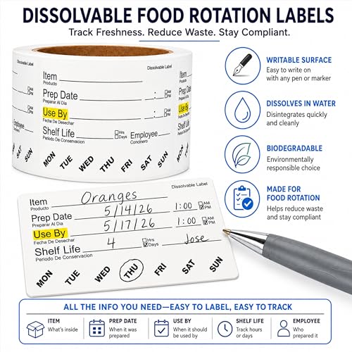 ChromaLabel Dissolvable Food Labels, 2" x 3", 2500 Labels, Water Dissolvable Labels for Food Containers, Food Rotation Labels for Prep Date, Use By, Shelf Life, Writable Freezer Labels, Made in USA