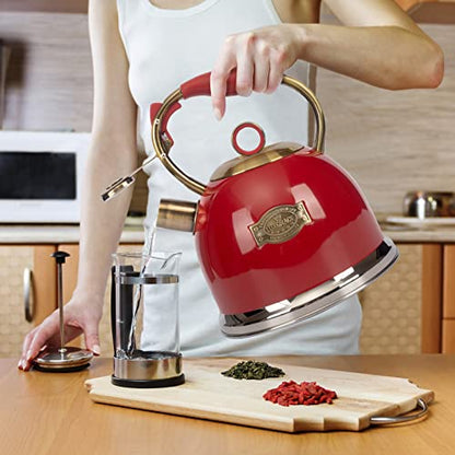 Tea Kettle, Stovetop Whistling Teapot, Stainless Steel, Red, 3.0-Quart - color: Red