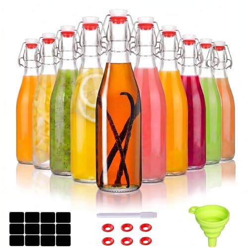Clear Glass Bottle with Swinging Top for Airtight Lids, Beer Bottles with Flip Caps, Home Brewing and Fermentation Kombucha, Vanilla Extract, Beverage, Water, Kefir (12OZ) - size: 12 Ounces