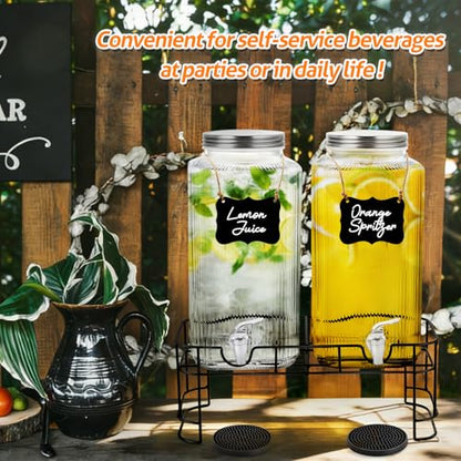 2 Pack 2 Gallon Glass Drink Dispenser Glass Beverage Dispenser with Stand Spigot Drink Coasters and Filter Leakproof Water Jar Clear Iced Drink Jug for Parties Juice Lemonade Picnics Fridge