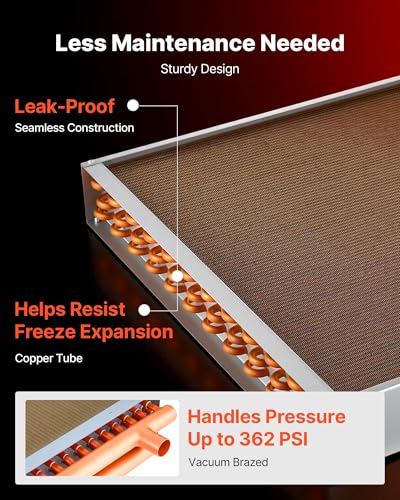VEVOR Water to Air Heat Exchanger, 24 x 24 in Finned Tube HVAC Heat Exchanger Coil with Copper Tubes & Aluminum Fins, 225K BTU Output for Outdoor Wood Furnace, Hydronic Heating & Cooling Systems