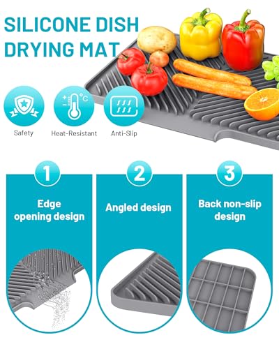 Dish Drying Mat Kitchen Counter - Silicone Dish Drying Pad with Built-in Drain for Sink, Refrigerator and Drawer liner, Easy Clean, Non-Slip, Heat Resistant, 15.8" x 13"