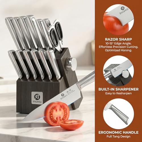 imarku Japanese High Carbon Stainless Steel Knife Set with Block, Precision-Forged Gyutou Kitchen Knives with Built-in Sharpener, Ultra-Sharp 10–15° Edge, Ergonomic Non-Slip Handle, Dishwasher Safe - color: Silver Gray