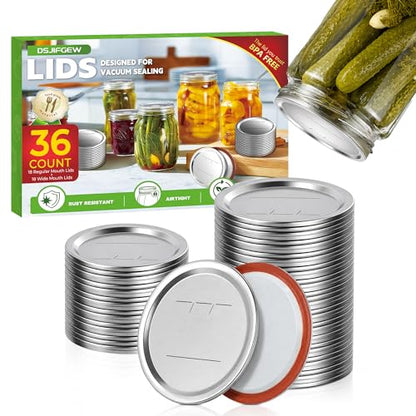 36 Pack Mason Jar Lids for Wide and Regular Mouth Jars, with Date Reminder Vacuum Seal Lids for Electric Mason Jar Vacuum Sealers - size: 18 Regular + 18 Wide Mouth Lids