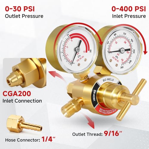 Acetylene Regulator Fits CGA-200 Valves Only, 0-400PSI and 0-30PSI Welding Gas Gauges With 9/16"-18 Outlet Thread and 1/4" Hose Connector, T-Handle - style: Acetylene Regulator