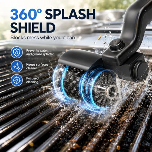 Rechargeable Electric Grill Brush, 3-Speed Cordless BBQ Cleaner with 2 Brush Heads, 8 Adjustable Angles, 360° Splash Shield, Stainless Steel Wire Brush for Gas/Charcoal Grills