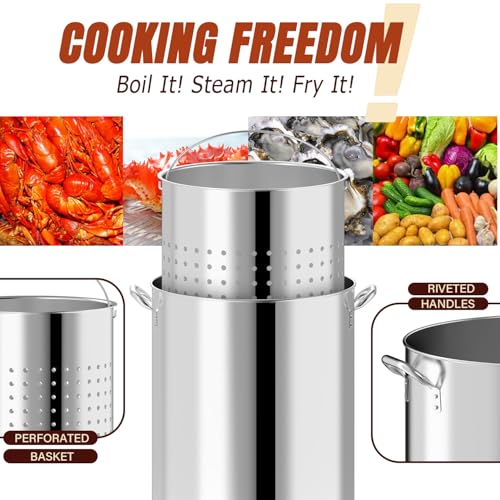 120QT Seafood Boil Pot with Detachable Stirring Paddle, Stainless Steel Stock Pot, Crawfish Boiler with Basket, Lid & Lifting Hook, Perfect for Outdoor Crab, Lobster & Shrimp Boils - style: 120QT+Mixing Paddle