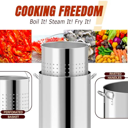 120QT Seafood Boil Pot with Detachable Stirring Paddle, Stainless Steel Stock Pot, Crawfish Boiler with Basket, Lid & Lifting Hook, Perfect for Outdoor Crab, Lobster & Shrimp Boils - style: 120QT+Mixing Paddle