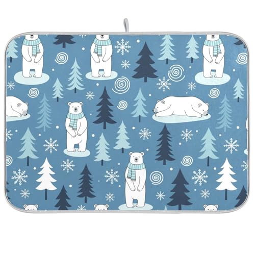 Polar Bears Trees Blue Dish Drying Mat for Kitchen Counter Super Absorbent Draining Mat with Non-slip Backed Drainer Mat for Countertops Sinks Draining Racks Dish Bottles Cups Bowl