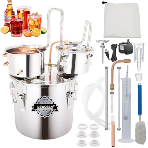 DEWOSEN Alcohol Still 5 Gallon 3 Pots Shine Still Distillery Kit for Alcohol Stainless Copper Tube Complete with Thumper Keg Water Pump Metal Thermometer Airlock Brew Bag Proof Alcoholmeter Test Kit - size: 5GAL/3Pots/Brew Bag & Alcoholmeter Test Kit