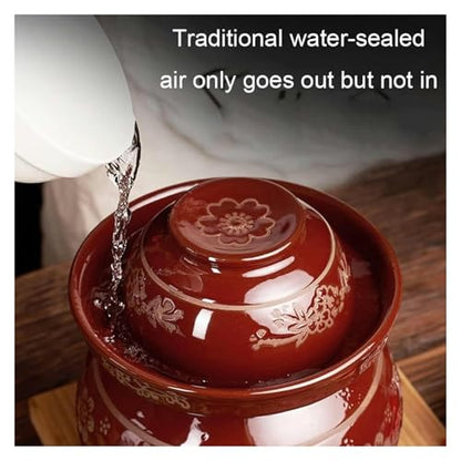 Red Traditional Chinese Porcelain Pickle Jar - Ceramic Fermentation Crock with Water Seal Airlock Lid for Kimchi and Sauerkraut