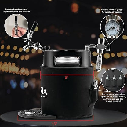 Gloria 7L (1.8 Gal) Mini Keg, Pressurized Keg for Drinks, with Tap System, Co2 Regulated, Stainless Steel - size: 7L Black