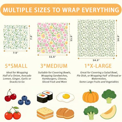 Beeswax Food Wraps, Pink Flowers and Green Leaves Wraps, 9 Pack Plastic-Free Food Storage, Sandwich, Bread, Fruit Covers, Organic, Sustainable, Zero Waste, Biodegradable, 1XL, 3M, 5S - color: Green Botanical2