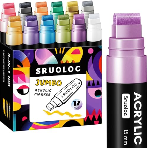 SRUOLOC 12 Metallic Colors Jumbo Markers, 15mm Jumbo Felt Tip, Acrylic Paint Markers for Rock Painting, Poster, Stone, Ceramic, Glass, Wood, Canvas - color: Metallic
