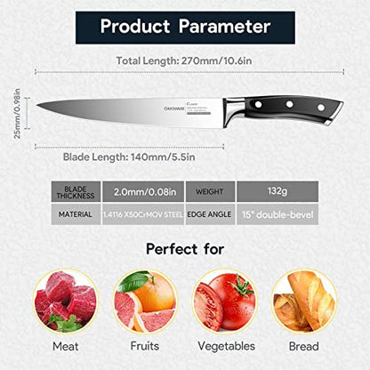 OAKSWARE 5.5 Inch Kitchen Utility Knife, German High Carbon Stainless Steel | Razor Sharp Full Tang Forged Meat Trimming & Sandwich Knife, Prep Knife & Small Chef Knife for Fruits, Cheese, Veggies, Herbs