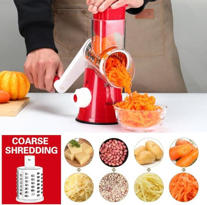 Cambom Rotary Cheese Grater Hand Crank Cheese Shredder for Fresh Cheese, Vegetable, Nuts,Non-slip Suction Base，Three Blades,Red - color: Red, size: 3 BLADES