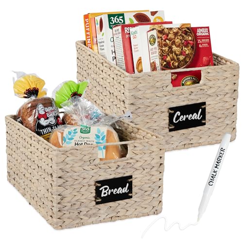 Best Choice Products 식료품 저장실 바구니 40.6 x 30.5cm(16 x 12인치) 워터 히아신스 보관 바구니 2개 세트, 손잡이가 달린 우븐 고리버들 주방 정리함, 칠판 라벨 분필 마커 포함 - 화이트 - color: 화이트., size: 12x16x8in