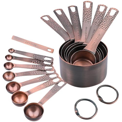 Copper Measuring Cups and Spoons Set 14, Stainless Steel Measuring Cups and Spoons set, Metal 6 Measure Cup and 7 Measure Spoon with 1 Leveler for Kitchen & Baking - color: Copper, size: A: Set of 14